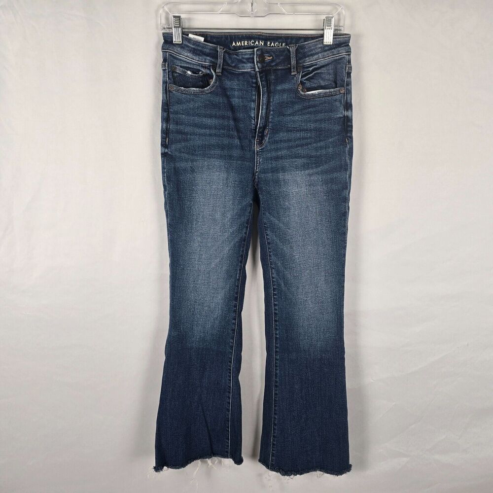 American Eagle Jeans Women's 6 Regular Blue Stretch Super Hi-Rise Flare Raw Hem